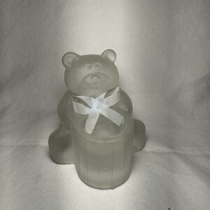 Frosted Glass Teddy Bear Taper Candle Holder With Bow 3.5” Tall